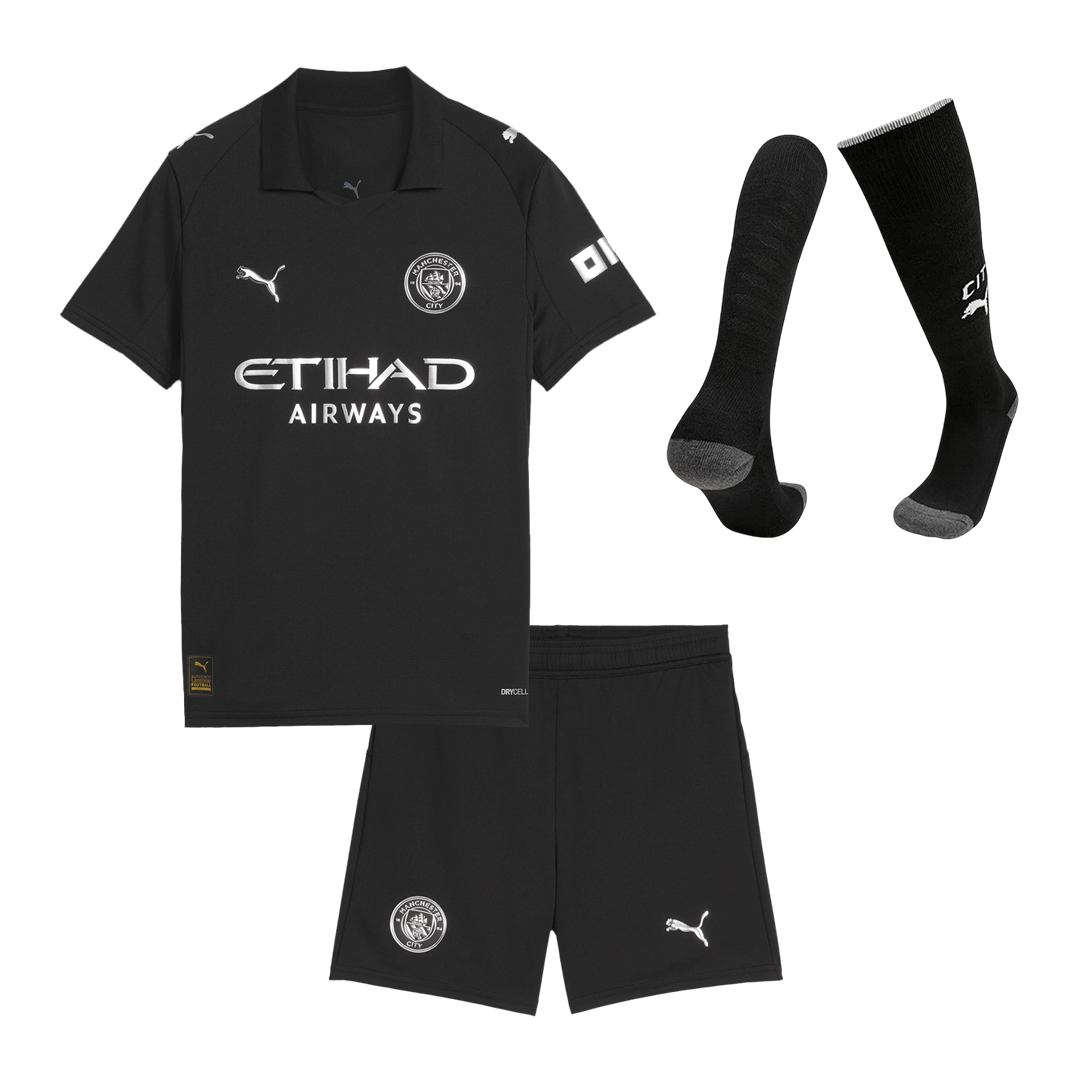 Kid's Manchester City Away Soccer Jersey Kit(Jersey+Shorts+Socks) 2025/26 Black