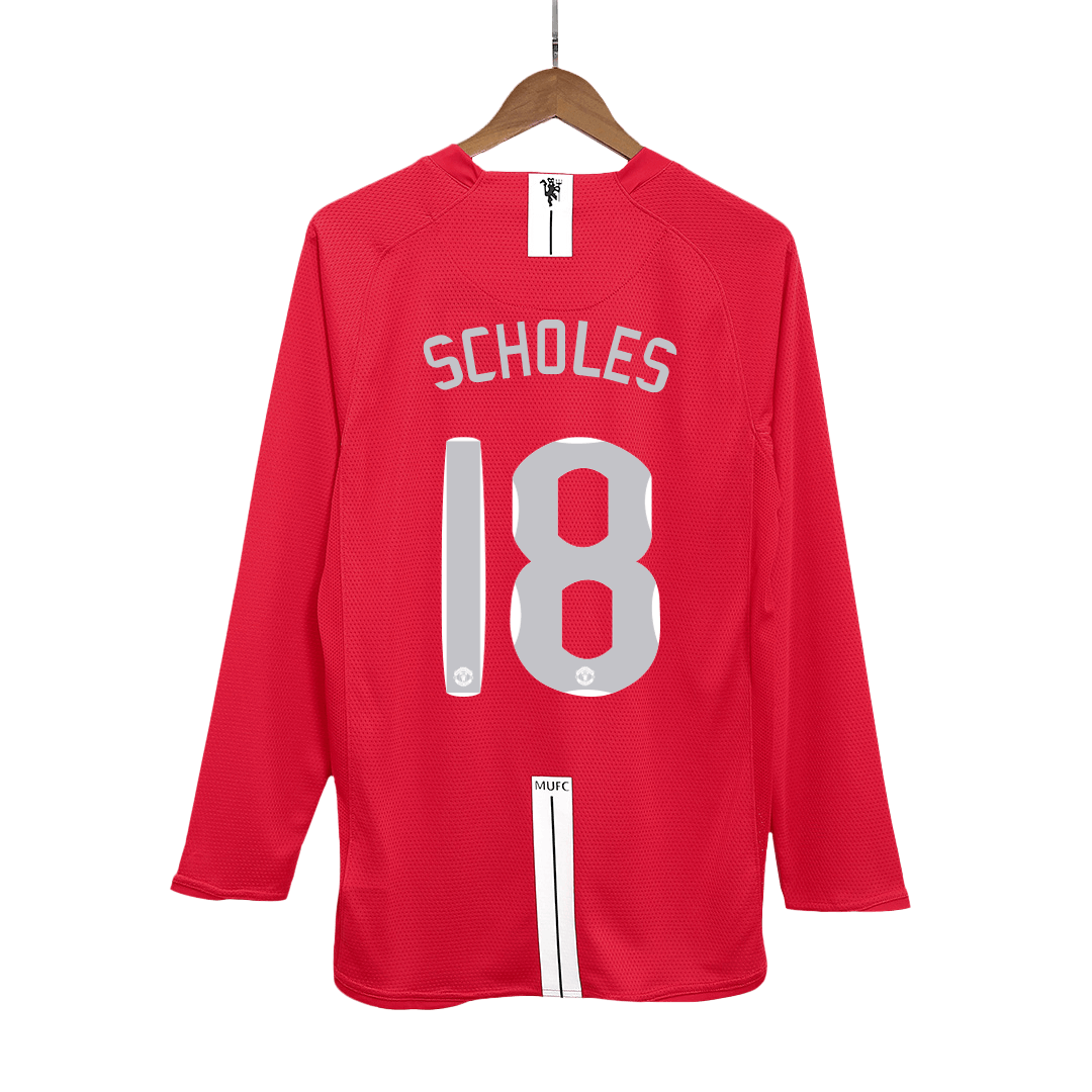 Maillot de football rétro domicile Manchester United Scholes #18 2007/08 - Manches longues (Finale UCL)